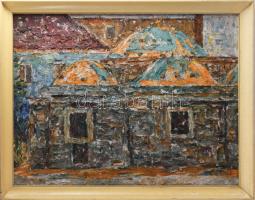 Gyelmis Lukácsné Fehér Etelka (1921-): Királyfürdő (Budapest). Olaj, farost, jelezve balra lent. Hátoldalán autográf felirattal és Képcsarnok Vállalat címkéjével. Fakeretben. 60x80 cm.