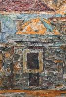 Gyelmis Lukácsné Fehér Etelka (1921-): Királyfürdő (Budapest). Olaj, farost, jelezve balra lent. Hát...