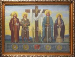 Megyer Meyer Antal (1883-1948): Árpádházi szentek. Tempera, papír, fára kasírozva, jelezve középen lent. 4 db üvegezett medalion ereklyével. Dekoratív, üvegezett, kissé sérült fakeretben. 60x79,5 cm.
