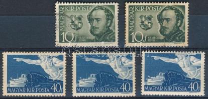 1941 Gróf Széchenyi István (I.) 2 db 10f "fehér hasú holló" tévnyomattal + 3 db 40f "zászló nélküli hajó" tévnyomattal (13.500) (10f rozsdafoltok / stain)