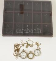 3 darab zsebóra, láncokkal, hozzá 15 rekeszes zsebóra tartó 28x37 cm