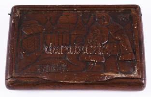 1917 Somorja hadifogoly tábor, katona munka, faragott fa cigarettás szelence, repedéssel 13x8 cm