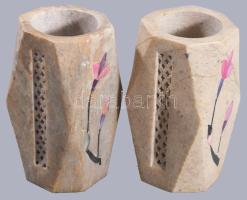 2 db faragott zsírkő váza berakással 10 cm