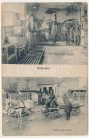 Mikelaka, Mikalaka, Micalaca (Arad); Böhm szikvízgyára belső, gyár udvara, szódás üvegeket szállító lovaskocsi / soda factory interior + "M. Kir. 40. Honvéd Nehéztarackos Osztály I. Üteg" (Rb)