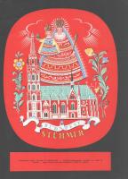 cca 1935 Stühmer édességes dobozborító papír, szign. K. Lukáts Kató, Klösz nyomás, ez a motívum szerepelt az art deco kiállításon, papírra ragasztva, hátoldalán a doboz más részének mintázatával, szép állapotban, 24×20 cm
