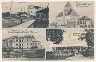1917 Fogaras, Fagaras; Zeik utca, Görögkeleti templom, Városliget, Fogaras vármegye közkórháza / street, Greek Orthodox church, city park, hospital (fl)