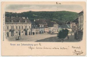 1903 Segesvár, Schässburg, Sighisoara; utcakép, Nagy üzlete. Fritz Teutsch kiadása / street view, shop (felületi sérülés / surface damage)