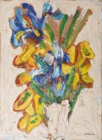Schéner Mihály (1923-2009): Iris és Narcis. Olaj, farost. Jelzett. Hátoldalán autográf felirattal. 40x30 cm.