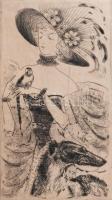 Láng Rudolf (1904-1991): Hölgy agárral és papagájjal. Rézkarc, papír, jelzett. Kartonra kasírozva. Lap széle kissé foltos. 22,5x12 cm