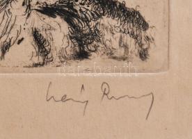 Láng Rudolf (1904-1991): Hölgy agárral és papagájjal. Rézkarc, papír, jelzett. Kartonra kasírozva. L...