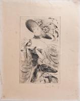 Láng Rudolf (1904-1991): Hölgy agárral és papagájjal. Rézkarc, papír, jelzett. Kartonra kasírozva. L...