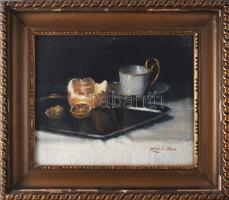 Molnár Z. János (1880-1960): Asztali csendélet porcelánnal és gyümölcsökkel. Olaj, vászon, jelezve j...