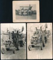 1950 Május elsejei ünnepség felvételei, feldíszített traktorral, 3 db fotó, részben sérült, 5,5x7 cm és 9x6,5 cm
