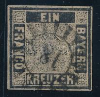 Német államok - Bajorország 1849 1kr Mi 1 fekete postai bélyegzéssel (188-as) szép szélekkel, nagyon ritka darab RRR! garancia nélkül / (Mi EUR 3.500.-) no guarantee