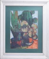 Olvashatatlan jelzéssel: Virágcsendélet kaktusszal. Kréta, papír, üvegezett fakeretbenn 40x28,5 cm