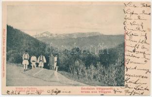 Gyergyótölgyes, Tölgyes, Tulghes; szoros, kilátás a Csalhóra. Niszel Lőrinc kiadása / gorge, Masivul Ceahlau (Rb)