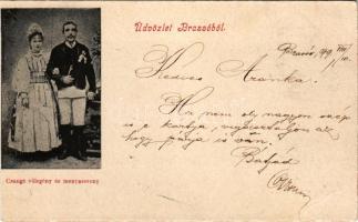 1899 Brassó, Kronstadt, Brasov; Csángó vőlegény és menyasszony / Csángó (Ceangai) folklore, Csángós are ethnic Hungarians living mostly in the Romanian region of Moldavia, especially in Bacău County (r)