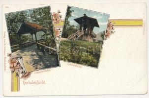 Herkulesfürdő, Baile Herculane; Schnellershöhe, Caroninihöhe / Schneller és Caronini magaslat, kilátótorony. R. Krizsány kiadása, szecessziós-virágos litho keret / lookout tower, hiking spot. Art Nouveau, floral, litho frame (vágott / cut)