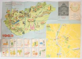 1963 10 éves a Csemege Élelmiszerkereskedelmi Vállalat, dekoratív, összehajtogatott kiadvány képes térképpel és éves naptárral, az első és hátsó borító foltos, egyébként szép állapotban