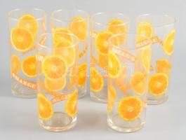 Vintage narancsmintás 6 darabos üdítős pohár készlet, hibátlan, m: 13,5 cm