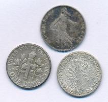3db-os kisezüst tétel, benne Franciaország 1909. 50c Ag + Amerikai Egyesült Államok 1943. 1d (10c) A...