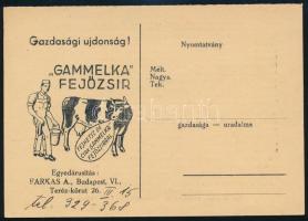 cca 1936 A szarvasmarha fejéséhez használandó fejőzsír és "szarvasmarha mázsa a zsebben" rajzos reklámnyomtatvány, egyedárusító Farkas A. Budapest, szép állapotban