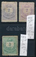 1874 2kr 2 db bélyeg 13-as fogazással + 3kr 11 1/2 fogazással, vegyes minőségben