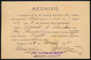 1934 A M. Kir. Áll. Felsőépítő Ipariskola "Ybl" Bajtársi Egyesületének "Alpár" törzsének meghívója víg tábori rendezvényre a Rózsakertbe, szép állapotban