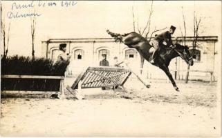 1912 Debrecen, Osztrák-magyar katonák akadályugratás közben, Perczel Dénes (1853-1933) tábornok, a Ferenc József-rend lovagja, a debreceni méntelep parancsnoka / Austro-Hungarian K.u.K. military, cavalry show jumping exercise. photo (Rb)