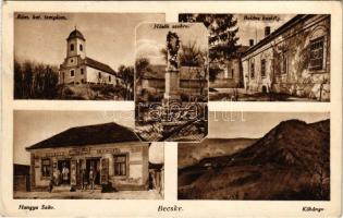 Becske, Hősök szobra, Római katolikus templom, Balázs kastély, Hősök szobra, kőbánya. Hangya szövetkezet üzlete és saját kiadása (EK)