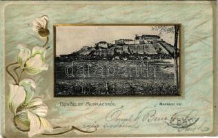 1907 Munkács, Mukacheve, Mukacevo; Munkácsi vár. Szecessziós dombornyomott virágos keret. Kiadja Grünstein Mór No. 6059. / Zamok Palanok / castle. Art Nouveau Emb. litho floral frame (EB)