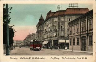 Pozsony, Pressburg, Bratislava; Stefánia út, Deák kávéház és szálloda, villamos / street, café, hotel, tram (gyűrődés / crease)