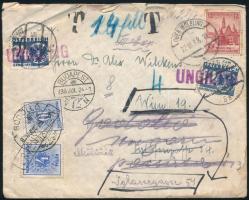 1938 Levél Ausztriából Deutsches Reich bélyeggel bérmentesítve, érvénytelenített osztrák és magyar portóval visszaküldve. 3 ország bélyegei 1 borítékon, ritka és érdekes darab!!