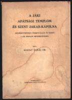 Bogyay Tamás: A jáki apátsági templom és Szent Jakab-kápolna. (Művészettörténeti összefoglalás és vezető a két templom megtekintéséhez.) Szombathely, (1943). Martineum Könyvnyomda Rt. 106 + [2] p. Egyetlen kiadás. Bogyay Tamás (1909-1994) művészettörténész munkája az ország legépebben maradt román stílusú apátsági templomát és kápolnáját mutatja be; oldalszámozáson belül szövegközti rajzokkal, ábrákkal, alaprajzokkal, építészeti, szobrászati és enteriőr felvételekkel gazdagon illusztrálva. (A Dunántúli Szemle könyvei. 220. szám.) Fűzve, foltos kiadói borítóban.