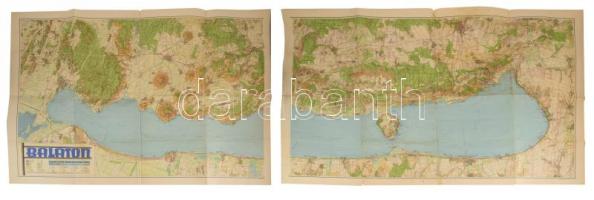 1939 Balaton, két részből álló térkép, kiadja a Keresztény Főiskolai Hallgatók "Centrum" Fogyasztási Szövetkezete. 1 : 50.000, Bp., M. Kir. Honvéd Térképészeti Intézet, a hátoldalán javítottak, 92x64 cm