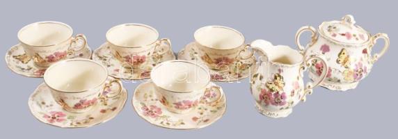 Zsolnay pillangó mintás mokkás készlet, egy csésze alátéttel és a nagy kiöntője hiányzik, jelzett, hibátlan.