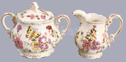 Zsolnay pillangó mintás mokkás készlet, egy csésze alátéttel és a nagy kiöntője hiányzik, jelzett, h...