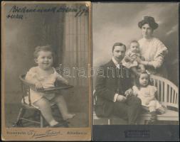 cca 1910 2 db kabinetfotó: Családi portré, Csonka Géza marosvásárhelyi műterméből, 16,5x10,5 cm + Székben ülő kisgyermek portréja, a Joánovics Testvérek (Kolozsvár és Marosvásárhely) műterméből, sarkain kissé sérült, 16,5x10,5 cm