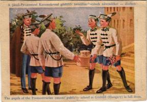 A Jászó-Premontrei Kanonokrend gödöllői nevelőintézetének növendékei díszben. Kiadja a Trunkhahn Posztógyár és Ruhagyár rt., mely a növendékek egyenruháinak szöveteit gyártja és a ruhákat készíti. Studentika, reklám / Hungarian clothing factory advertisement s: Márton L. (vágott / cut)