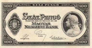 1926. 100P Csak előoldali nyomat sorozat és sorszám nélkül! T:I- Egyszer hajtva, de nem törve! RRR!!!