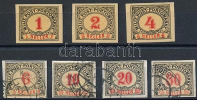 Bosznia-Hercegovina 1904 3 db gyárilag enyvezetlen, fogazatlan portóbélyeg sárgás papíron + 4 db használt fogazatlan bélyeg