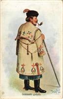 Számadó gulyás, magyar folklór művészlap / Hungarian folklore art postcard s: Posner Lajos (felületi sérülés / surface damage)