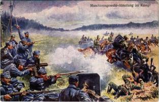 Maschinengewehr-Abteilung im Kampf. Rotes Kreuz, Kriegsfürsorgeamt Kriegshilfsbüro No. 130. / WWI K.u.K. military art postcard s: K. Schnorpfeil