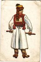 Körösfő, Izvoru Crisului (Kalotaszeg, Tara Calatei); Kalotaszegi legény (Körösfő). Erdélyi folklór művészlap / Transylvanian folklore art postcard. Orbis Pictus Hungaricus. 4. s: Horváth Jenő (EB)