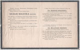 1927 Bp., Dr. Sasaki Madoka a sapporoi Hokkaido Imperial University tanárának halotti értesítője