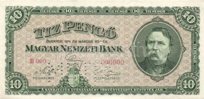 1926 10P "B 000 - 000000" sorszámmal, "Minta" perforációval T:I RRR!!!