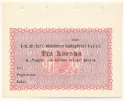 1914-1919. Budapest 10K "Magyar nők korona alapja II." számozás nélkül, kitöltetlen T:UNC Adamo BUB-15.3