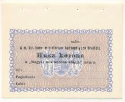 1914-1919. Budapest 20K "Magyar nők korona alapja II." számozás nélkül, kitöltetlen T:UNC Adamo BUB-15.4