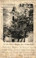 1910 Pilisvörösvár, római katolikus templom. Huszerl Gyula kiadása + "ESZTERGOM - BUDAPEST 218. SZ." vasúti mozgóposta bélyegző (fa)