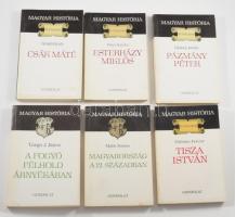 6 db Magyar História kötet - Kristó Gyula: Csák Máté; Péter Katalin: Esterházy Miklós; Bitskey István: Pázmány Péter, Varga J. János: A fogyó félhold árnyékában, Pölöskei Ferenc: Tisza István, Makk Ferenc: Magyarország a 12. században. Bp., Gondolat. Kiadói papírkötés, kissé kopottas állapotban.